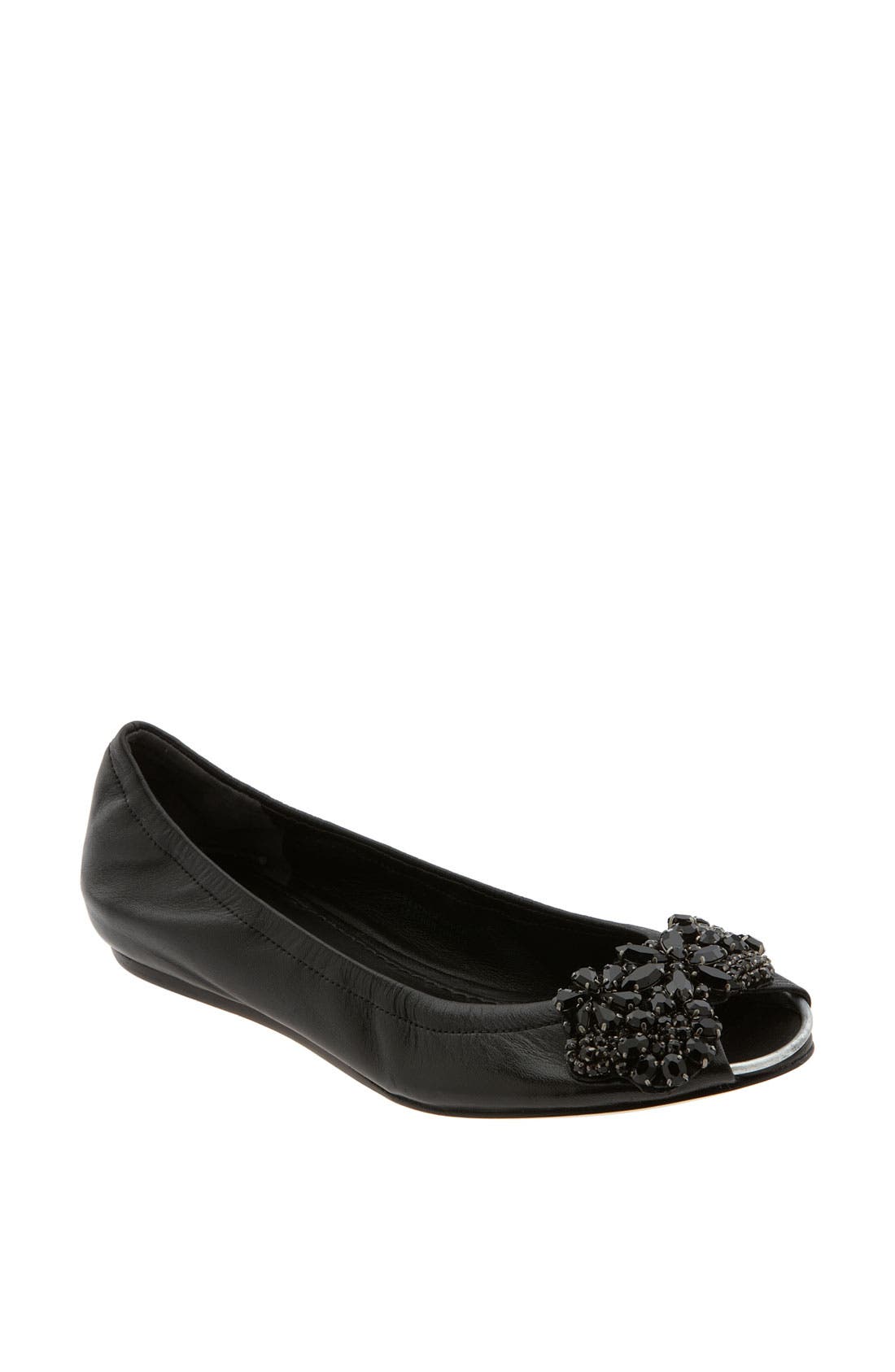 'Luna' Snake Embossed Metallic Leather Flat, Main, color, BLACK W/ RHINESTONES