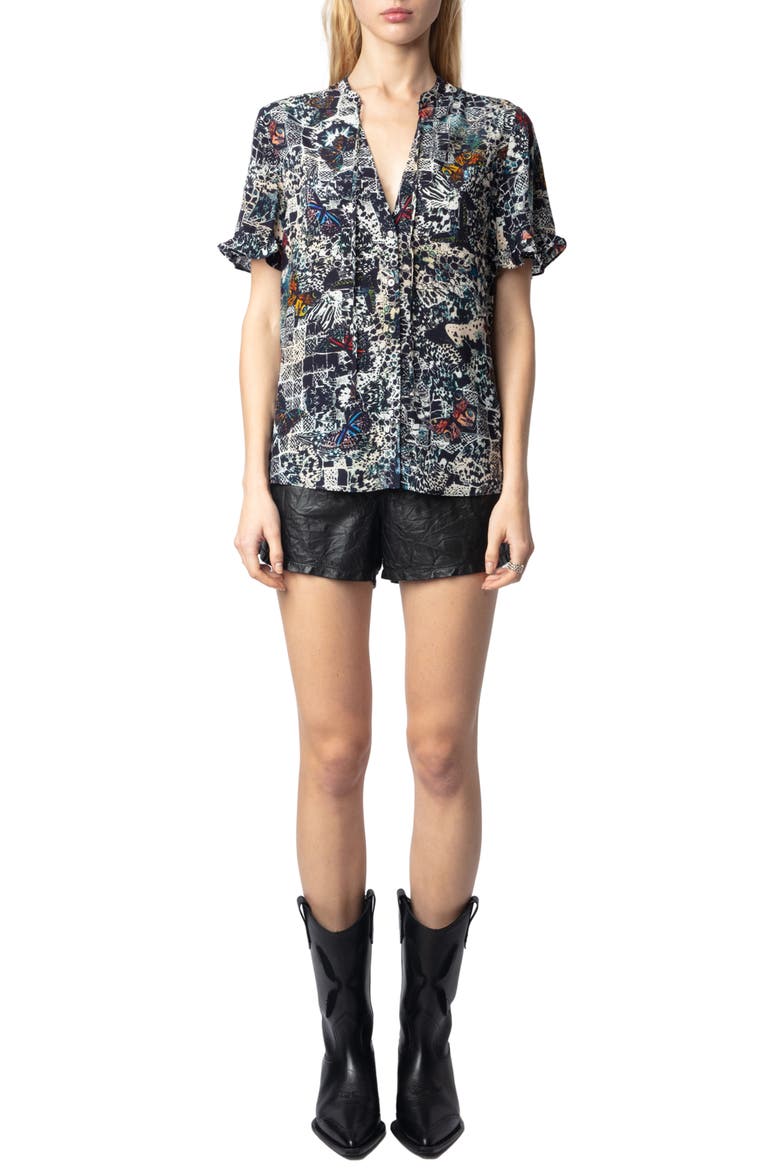 Tafiz Butterfly Print Tie Neck Button-Up Shirt, Alternate, color, ENCRE