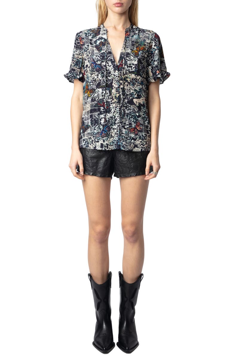 Zadig & Voltaire Tafiz Butterfly Print Tie Neck Button-Up Shirt, Alternate, color,