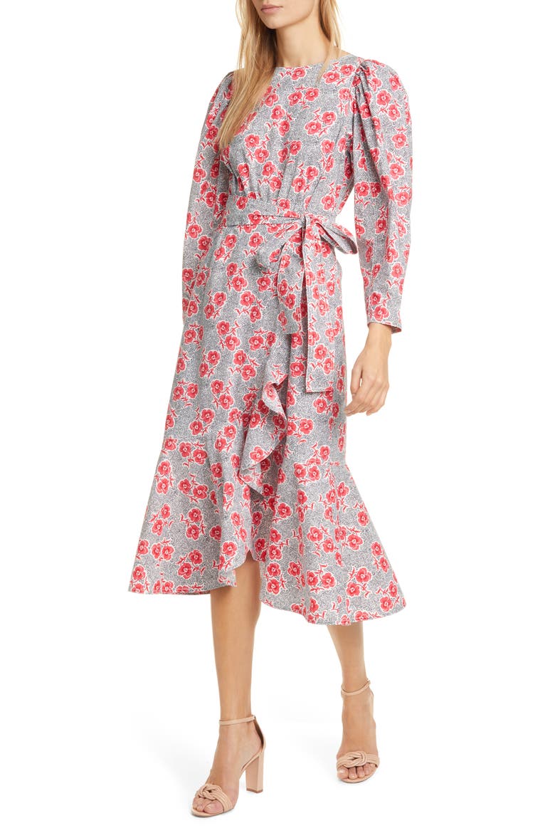 Coral Fleur Long Sleeve Cotton Midi Dress, Main, color, SNOW COMBO