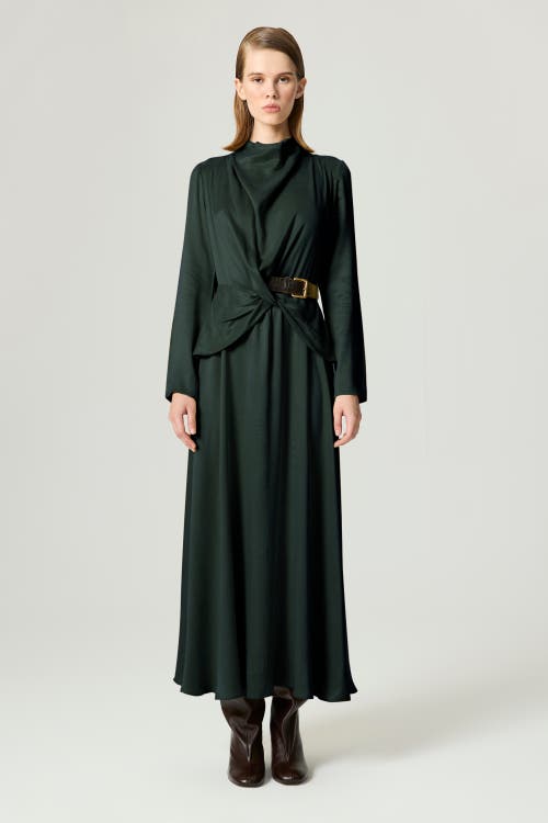 Nocturne Draped Belted Long-sleeve Maxi Dress In Green