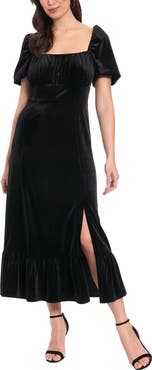 London Times Square Neck Velvet Midi Dress