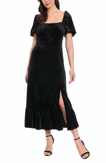 London Times Square Neck Velvet Midi Dress