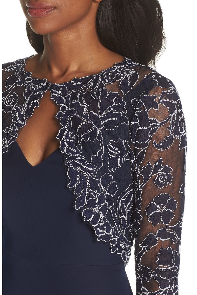 Crepe & Embroidered Lace Gown, Alternate, color, NAVY/ IVORY