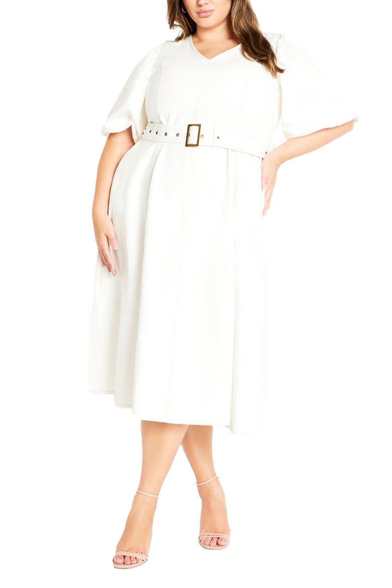 Delilah Flutter Sleeve Denim Midi Dress, Main, color, IVORY