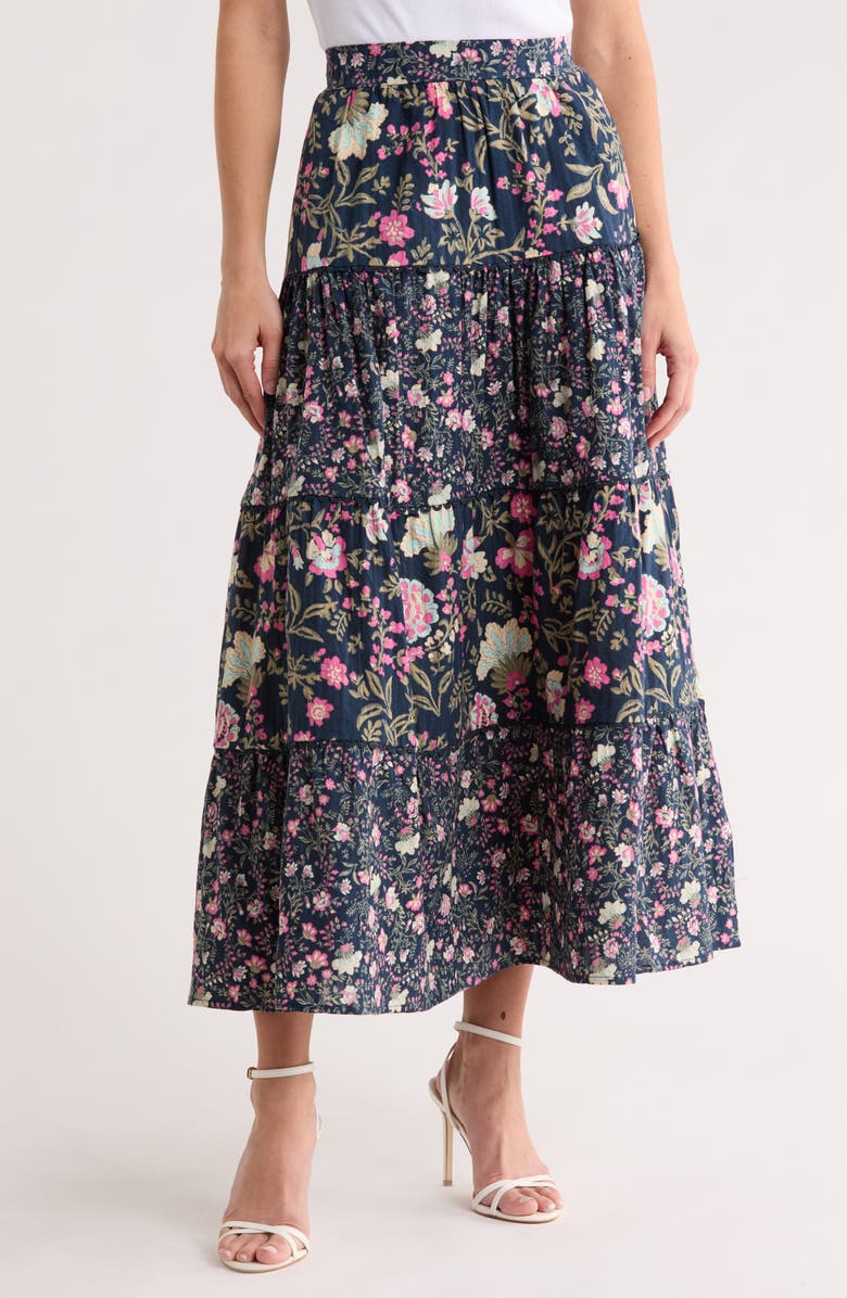 Ellen Tracy Floral Tiered Cotton Challis Skirt, Main, color, Pink Cottage Floral