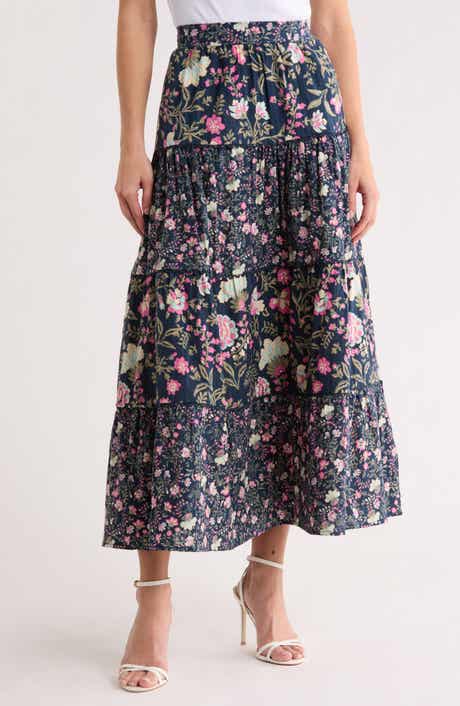 Ellen Tracy Floral Tiered Cotton Challis Skirt