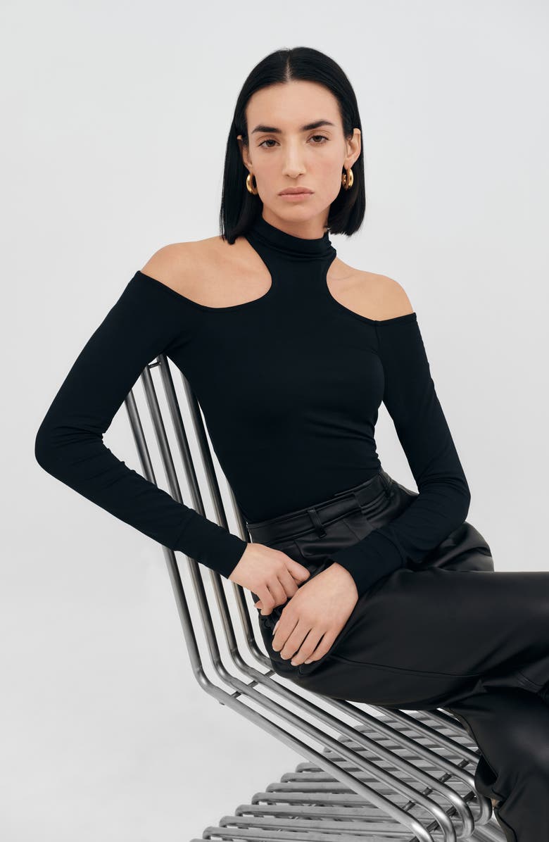 Two Lines by Marcella Cairo Cutout Mock Neck Top, Alternate, color, Black