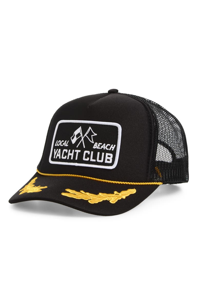 Local Beach Yacht Club Snapback Trucker Hat, Main, color, Capt'n Black/ Gold
