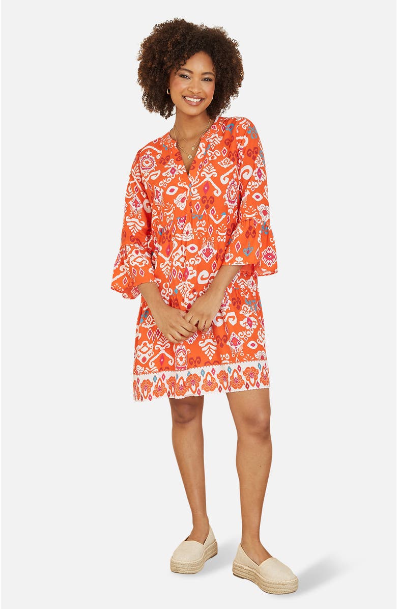 Yumi Flared Ikat Print 3/4 Sleeve Tunic Dress, Main, color, Orange
