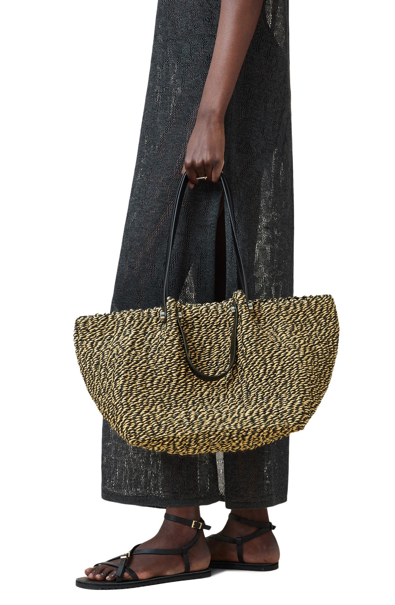 AllSaints Allington Paper Straw Tote, Alternate, color, Black/ Natural