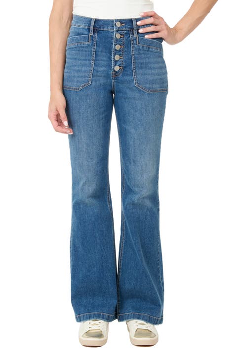 High Waist Exposed Button Fly Flare Leg Jeans