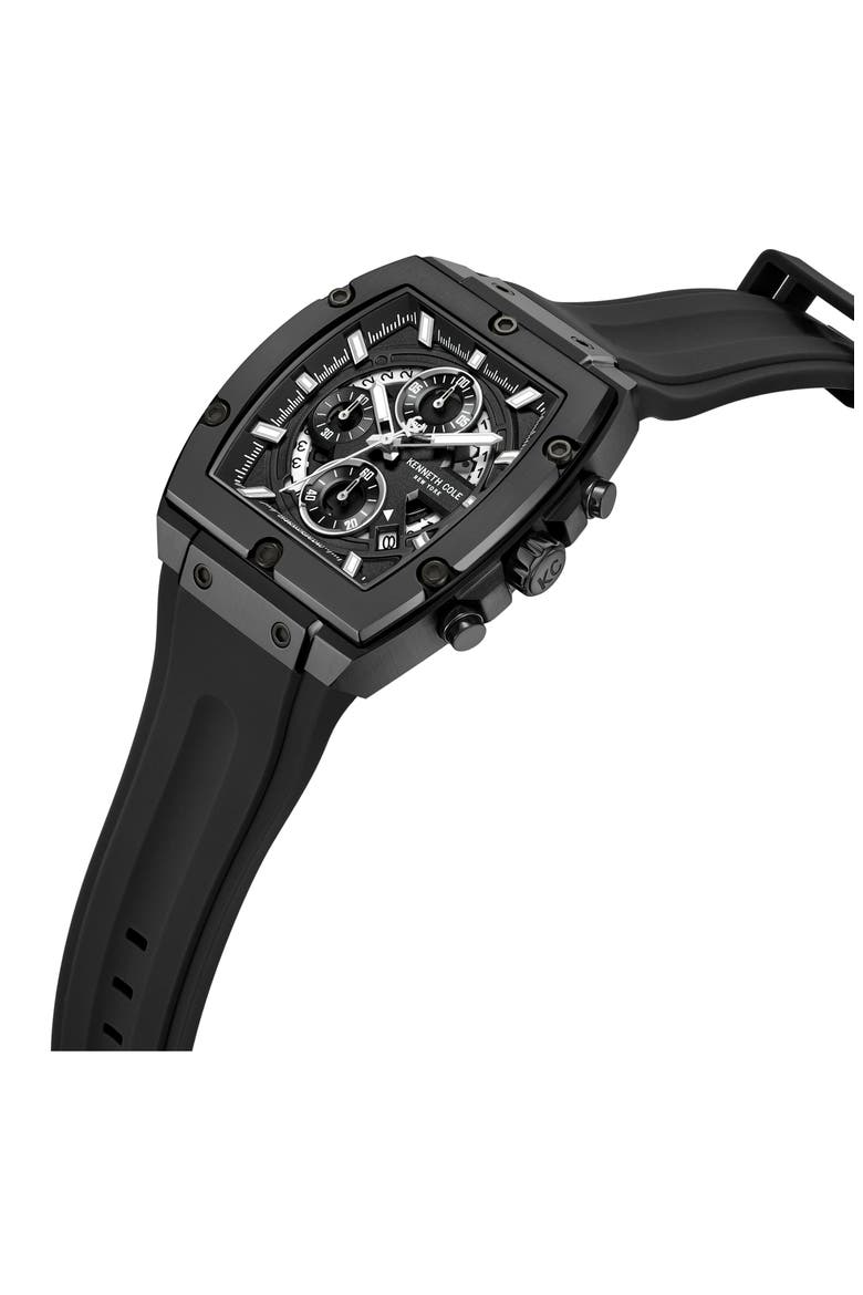 Sport Tonneau Chronograph Silicone Strap Watch, 44mm x 28mm, Alternate, color, BLACK