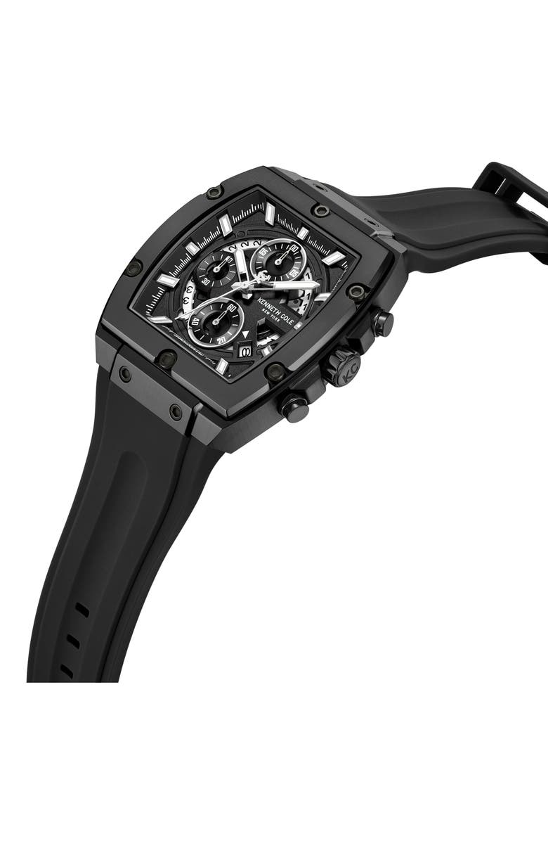 Kenneth Cole New York Sport Tonneau Chronograph Silicone Strap Watch, 44mm x 28mm, Alternate, color, Black