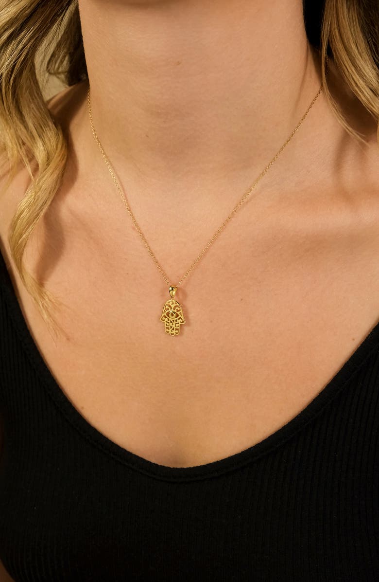 Sterling Forever Sterling Silver Filigree Hamsa Hand Pendant Necklace, Alternate, color, Gold