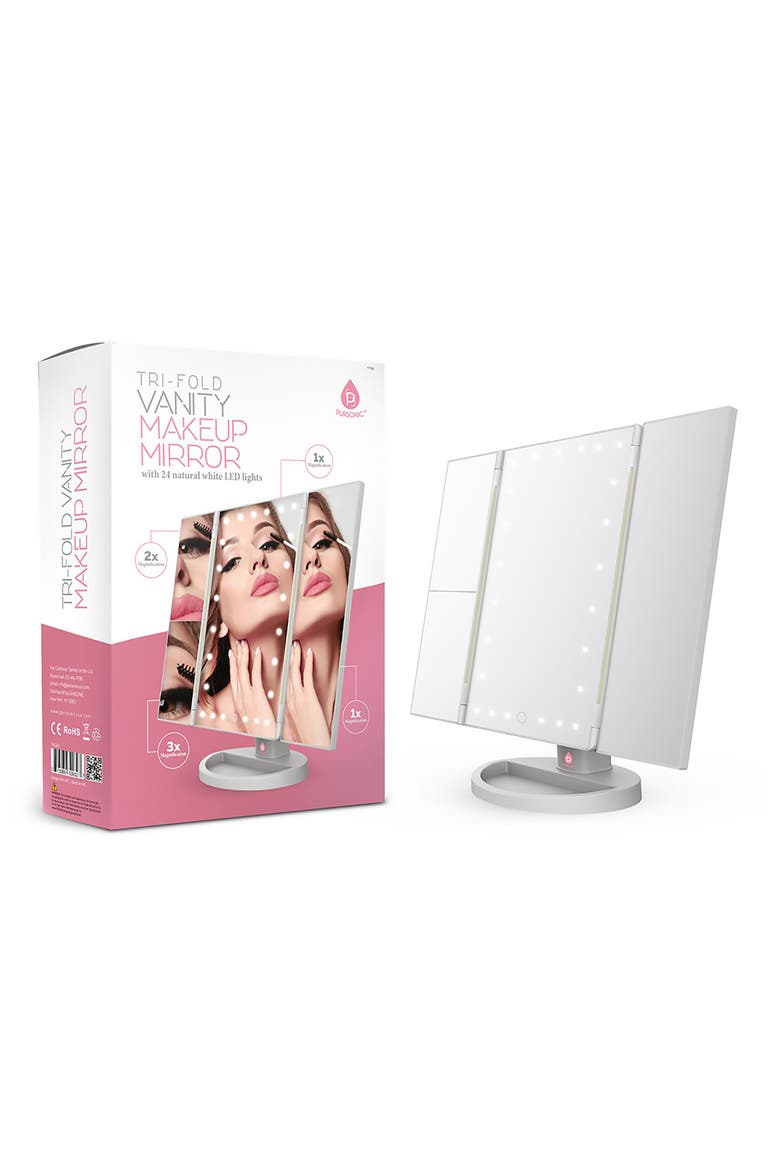 Tri-Fold LED Vanity Makeup Mirror, Alternate, color, WHITE