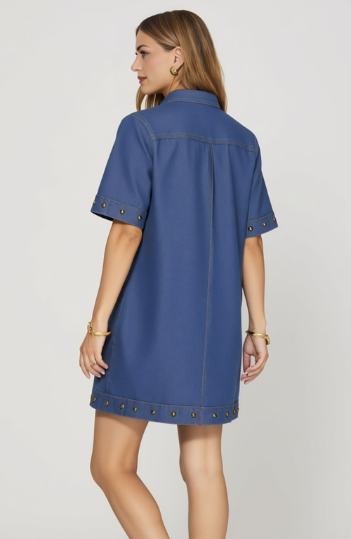 Modenaire Denim Studded Half Zip Mini Dress With Collar And Short Sleeves