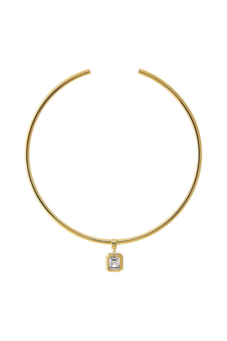 Colored CZ Emerald Bezel/ Solid Tube Open Collar Pendant Necklace, Main, color, Gold