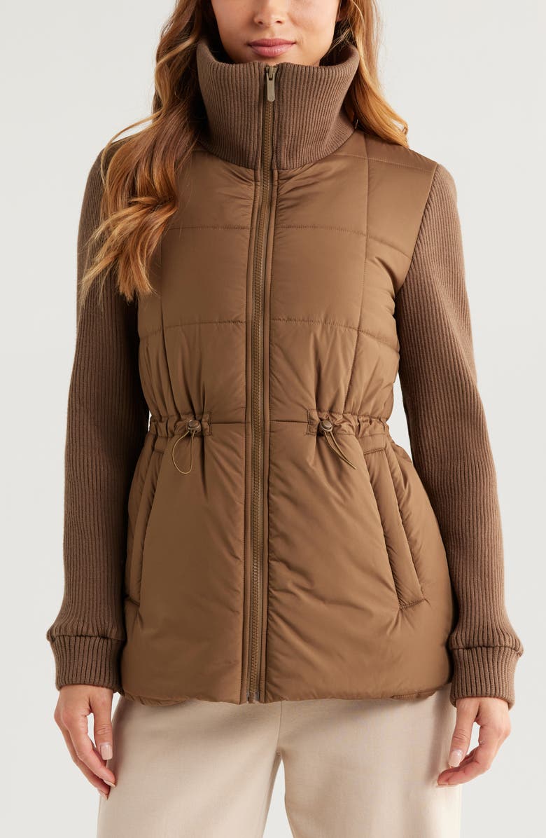 Zella Quilted Rib Mix Hybrid Jacket, Alternate, color, Brown Teak