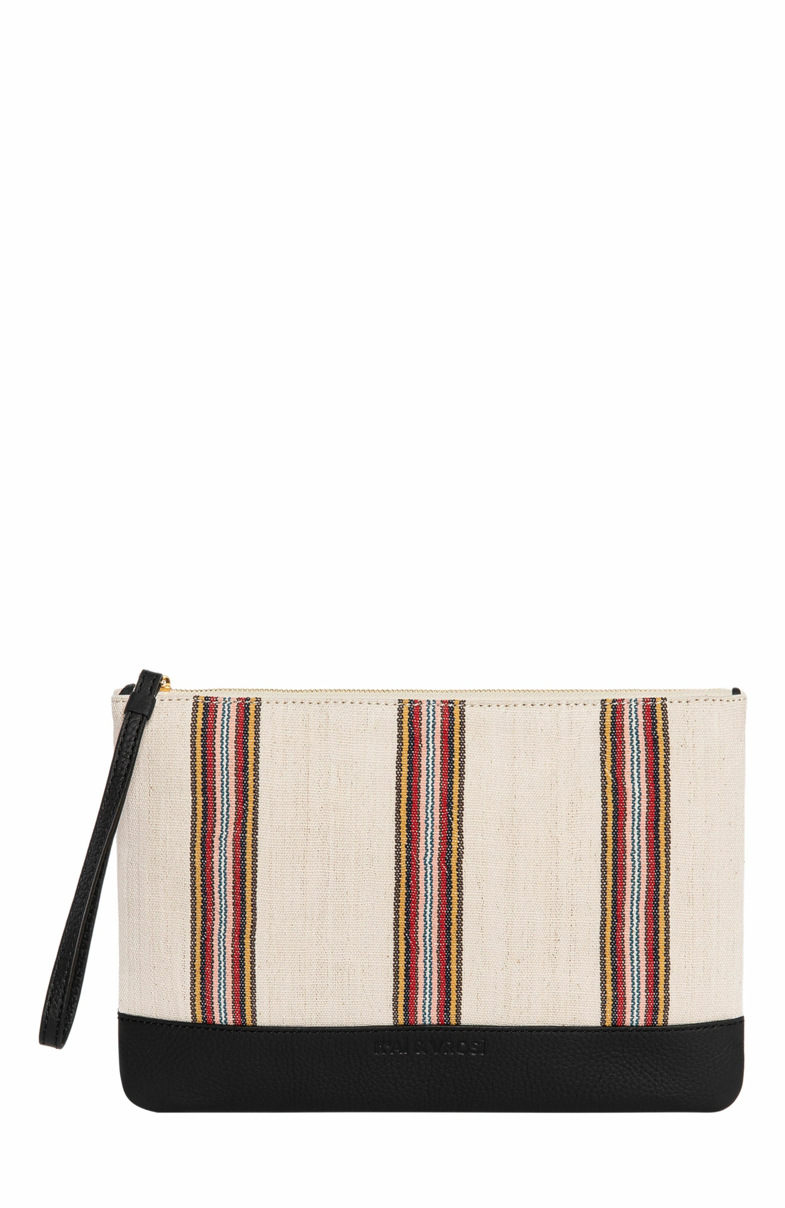 K'ai & Vrosi Antiochia Calfskin & Handloomed Fabric Clutch, Main, color, Black