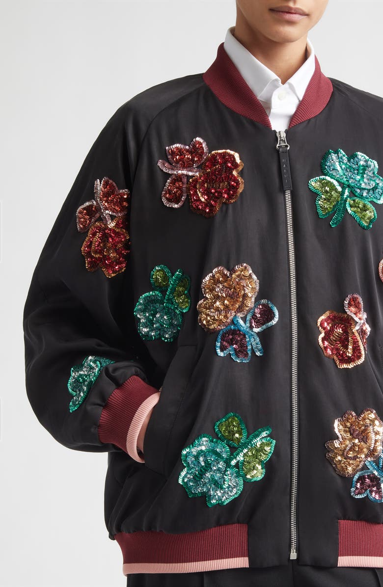 Marni Sequin Flowers Satin Bomber Jacket, Alternate, color, 00N99 Black