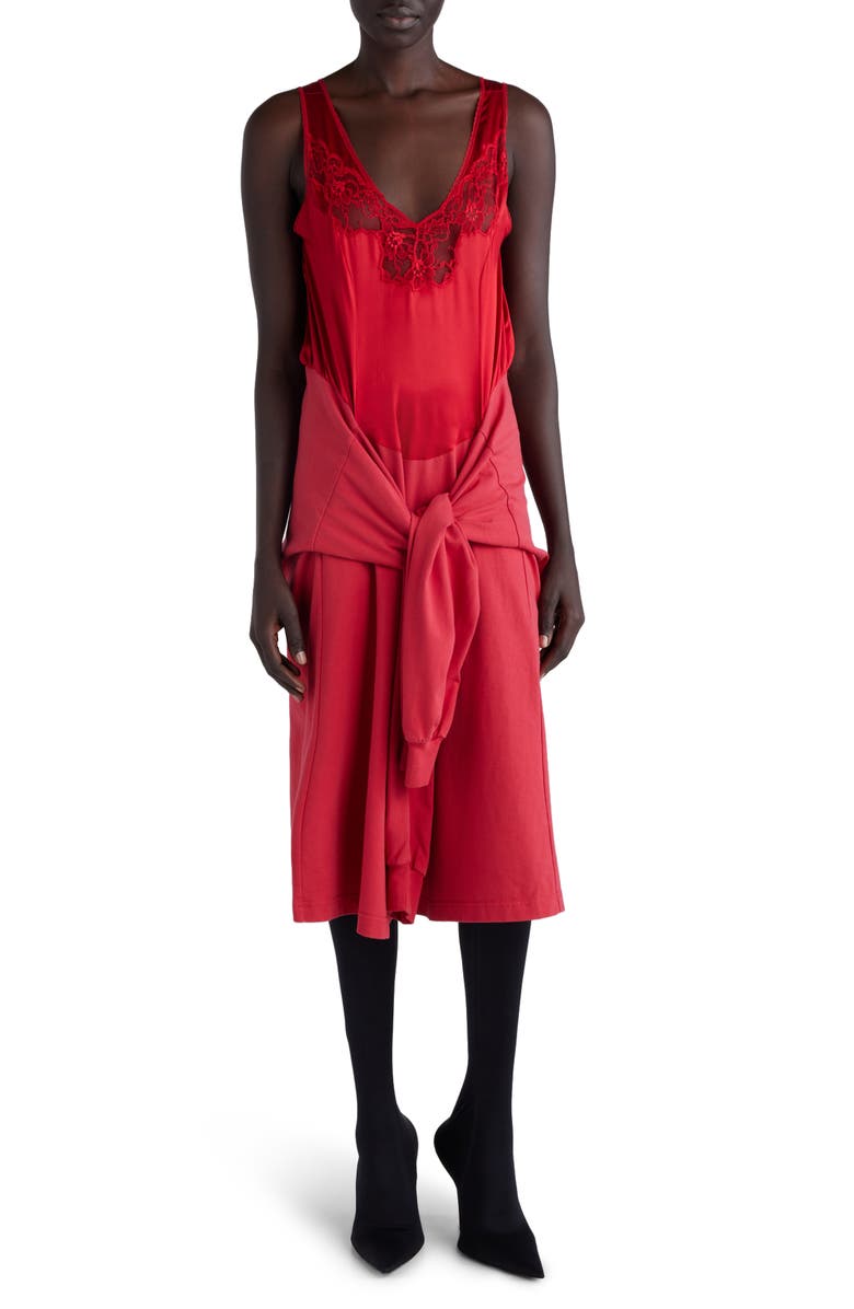 Balenciaga Hybrid Mixed Media Tie Waist Silk & Cotton Dress, Main, color, Lipstick Red