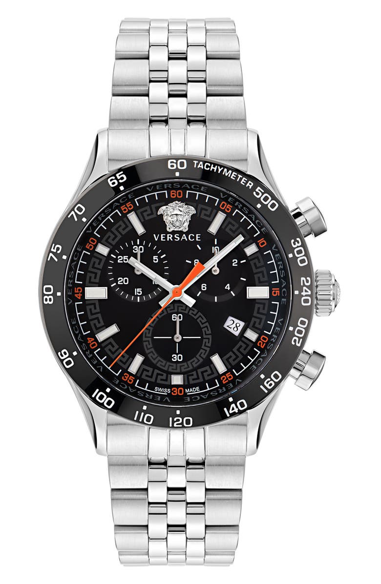 Versace Hellenyium Chronograph Bracelet Watch, 44mm, Main, color, Stainless Steel