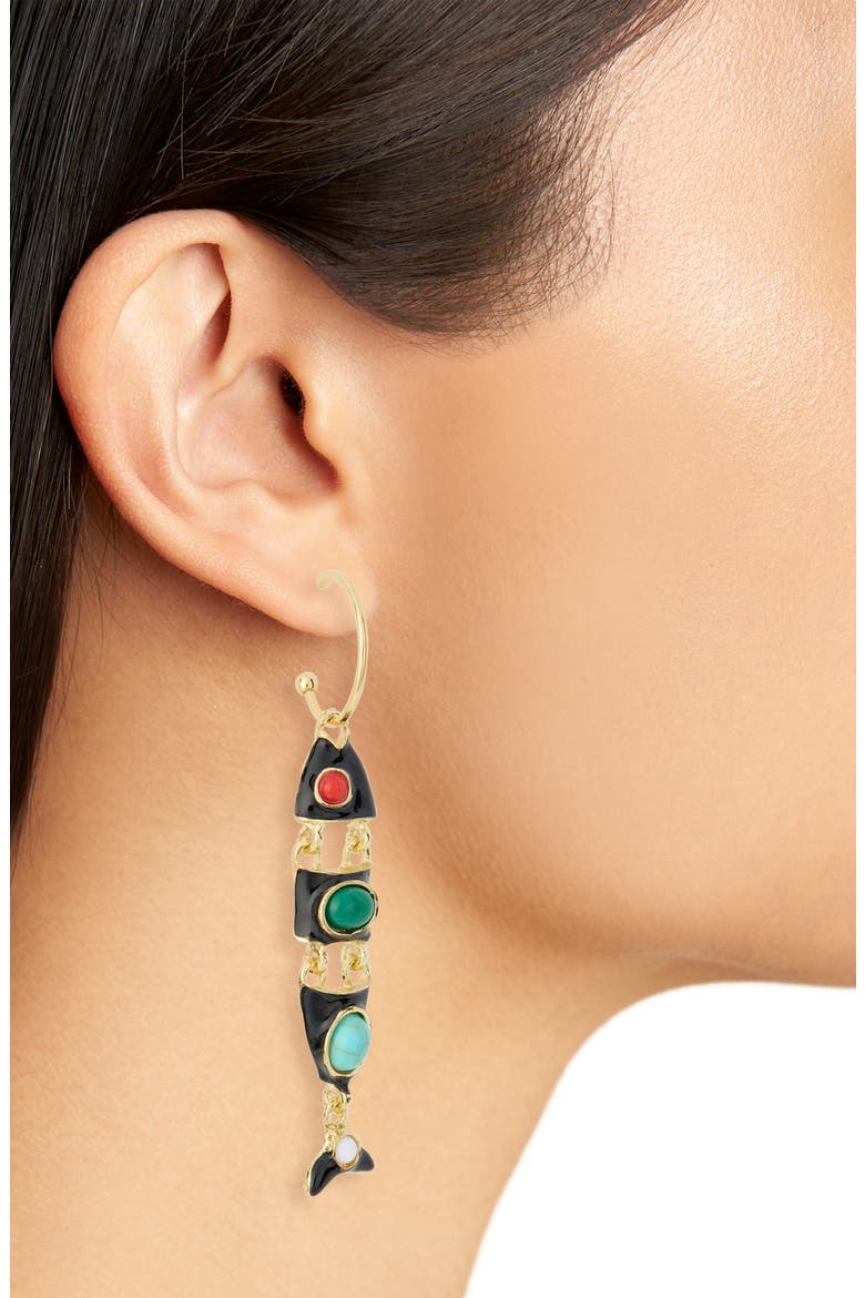 Enamel Fish Drop Hoop Earrings, Alternate, color, GOLD