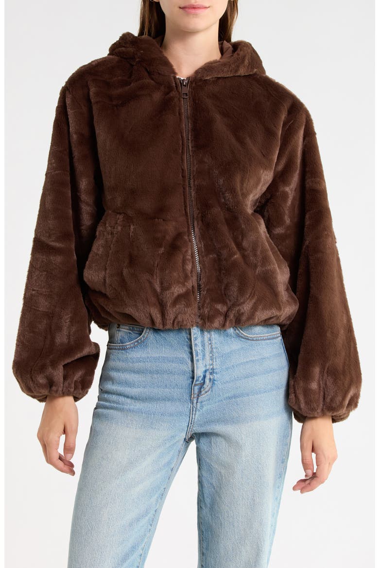 Faux Fur Hooded Bubble Jacket, Main, color, BROWN