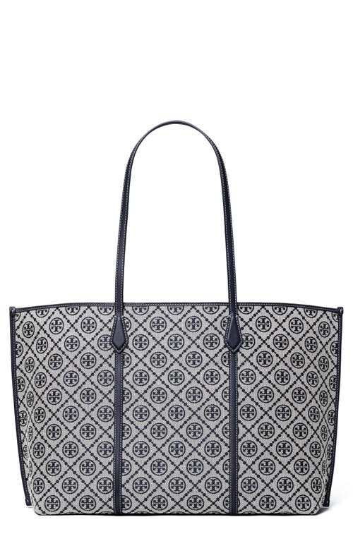 Tory Burch Perry T Monogram Jacquard Triple Compartment Tote In Blue