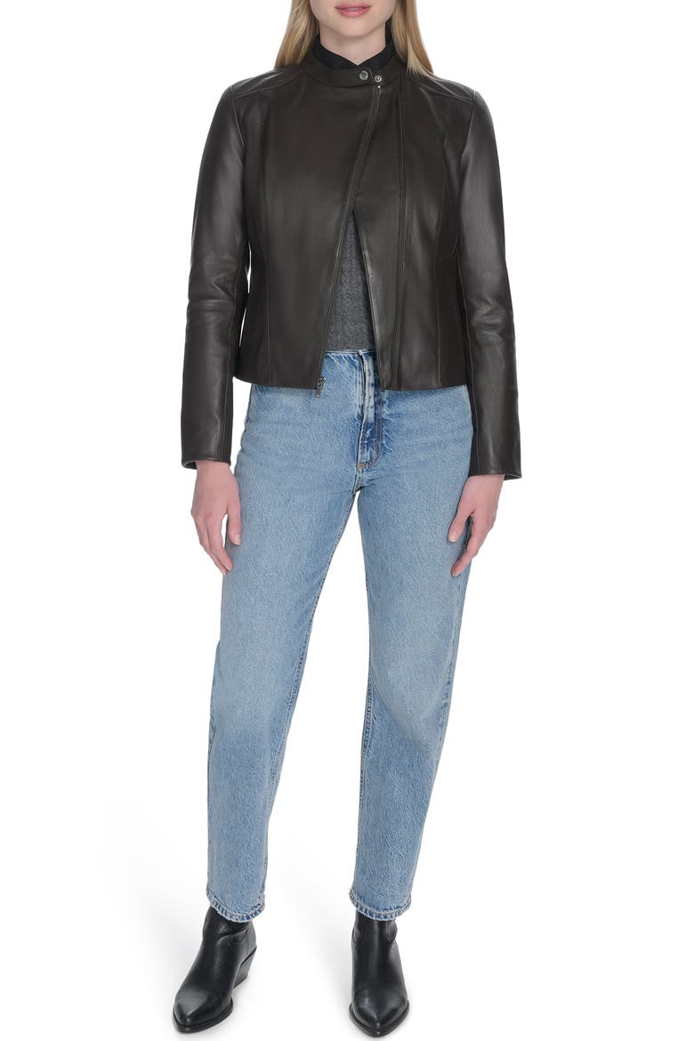 Band Collar Leather Moto Jacket, Alternate, color, DARK ESPRESSO