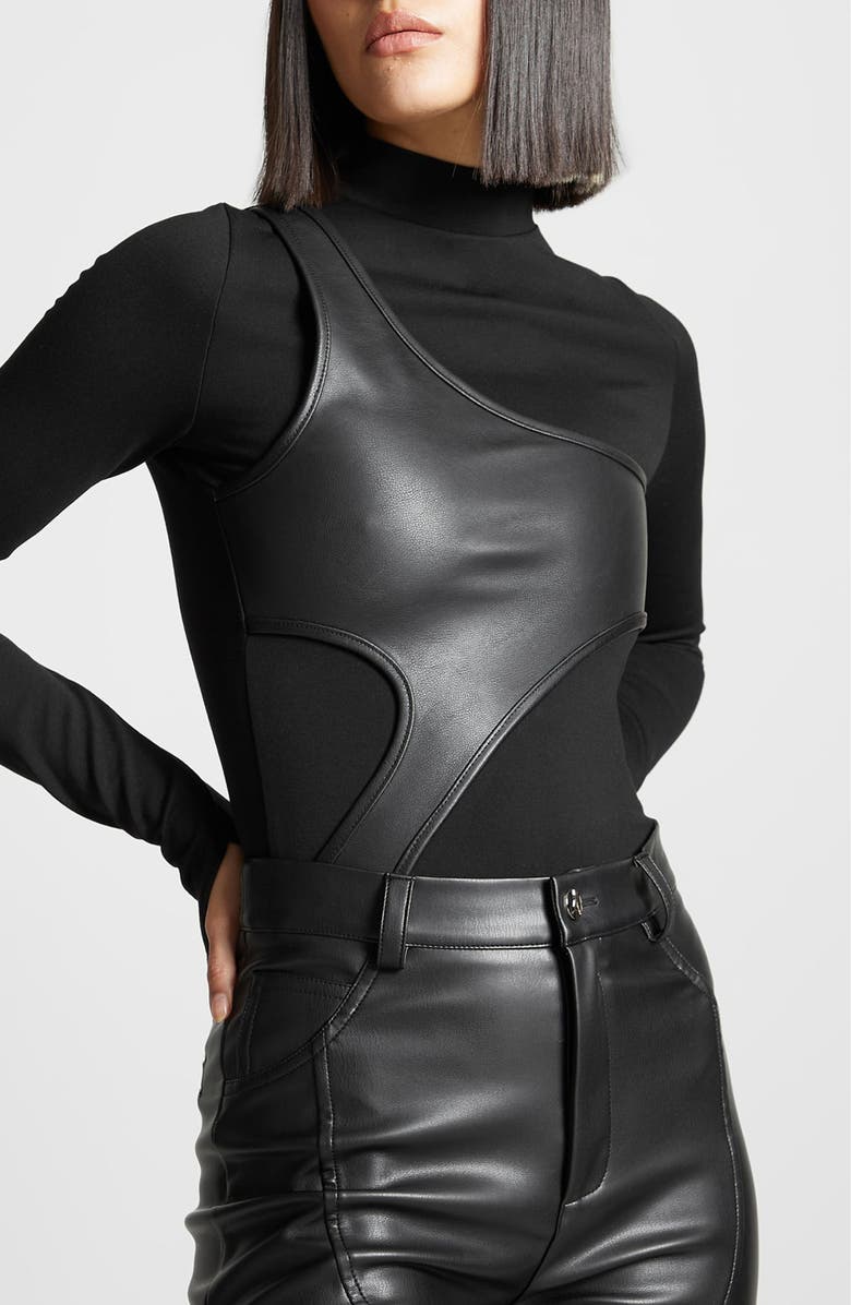 Manière De Voir Leather Overlay High Neck Bodysuit, Main, color, Black