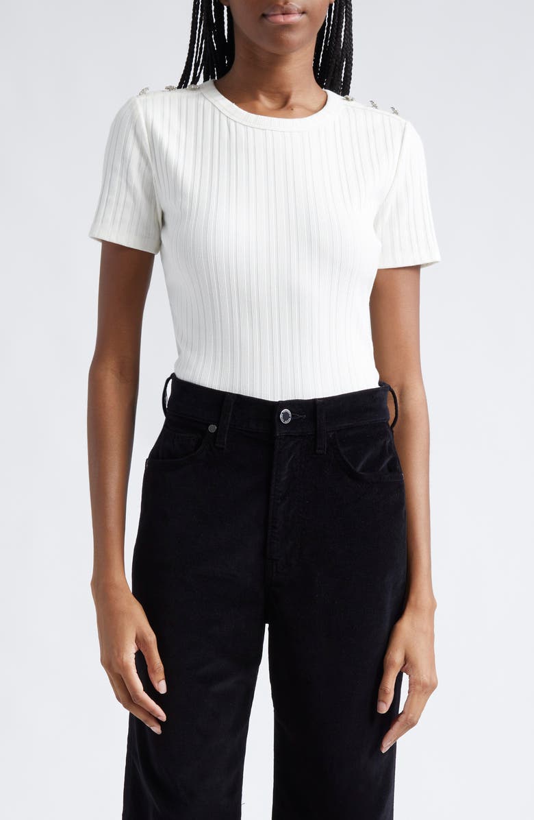 Veronica Beard Draya Rhinestone Button Detail Rib Stretch Cotton Top, Main, color, White