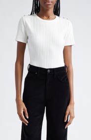 Veronica Beard Draya Rhinestone Button Detail Rib Stretch Cotton Top