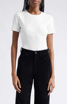 Veronica Beard Draya Rhinestone Button Detail Rib Stretch Cotton Top