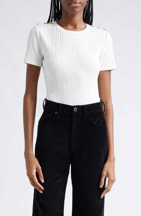 Veronica Beard Draya Rhinestone Button Detail Rib Stretch Cotton Top