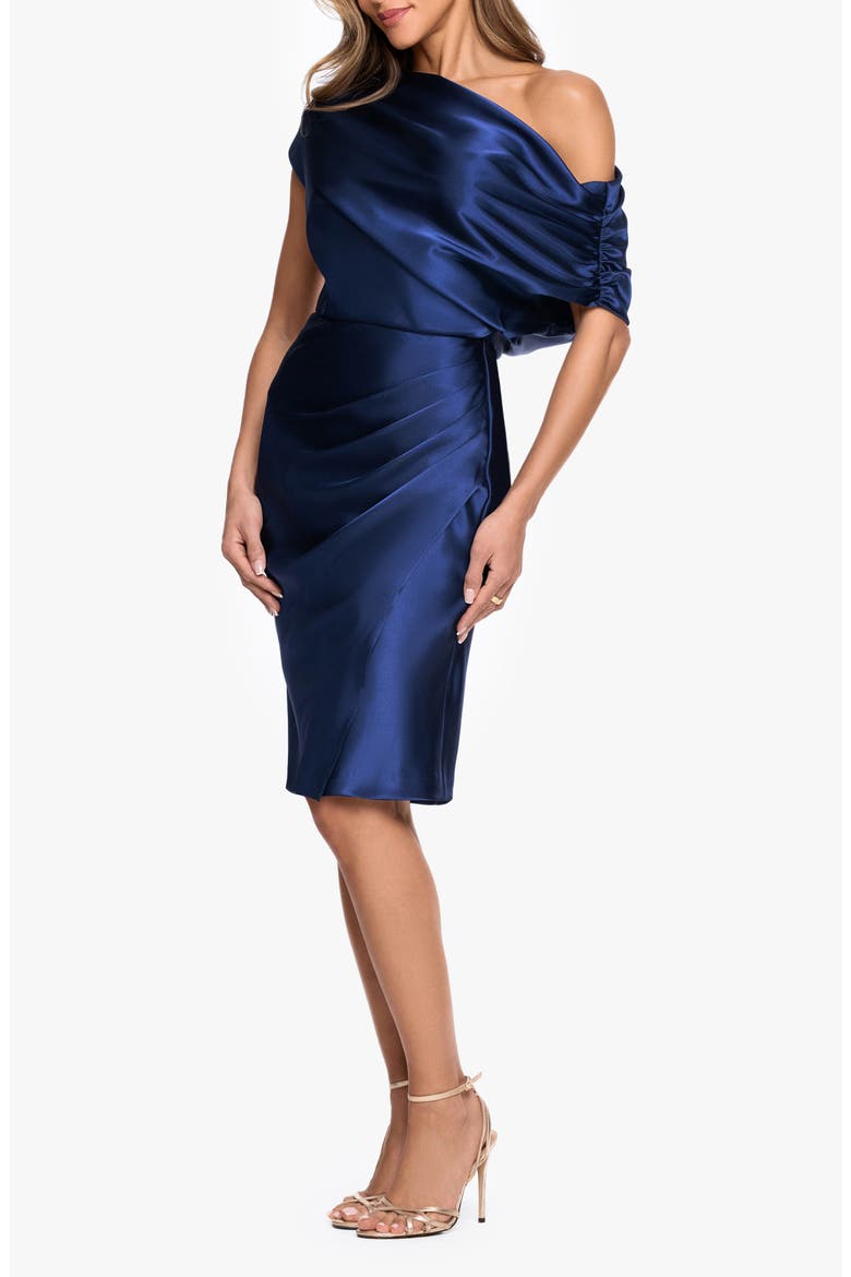 Ruched One-Shoulder Satin Charmeuse Cocktail Dress, Alternate, color, NAVY