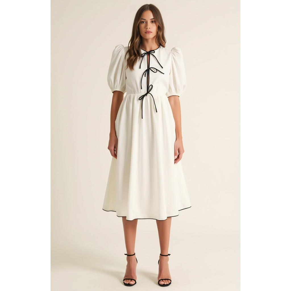Modenaire Puff Sleeve Midi Dress With Tiered Front Ties And Contrast Trim