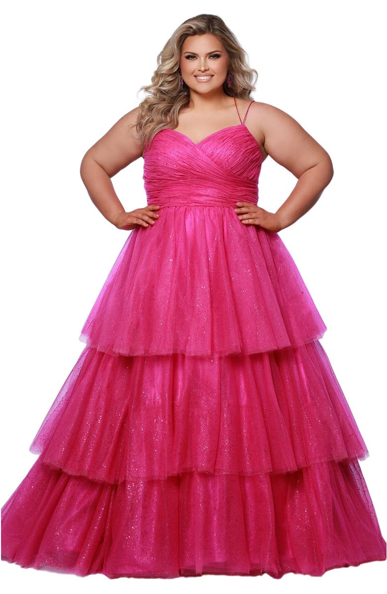Sydney's Closet Spaghetti Strap Teired Plus Size Ballgown, Alternate, color, Pink