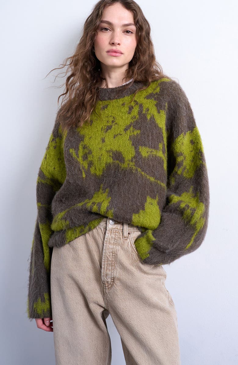 Topshop Blurred Floral Fuzzy Sweater, Main, color, Medium Green