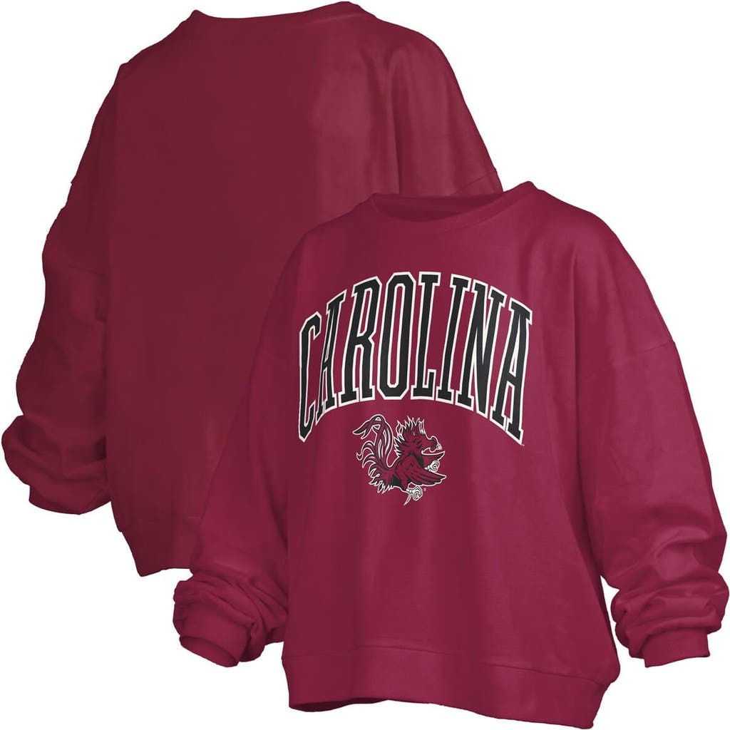Pressbox Garnet South Carolina Gamecocks Janise Arch Over Logo Waist Length Oversized Pullover Sweat In Brown