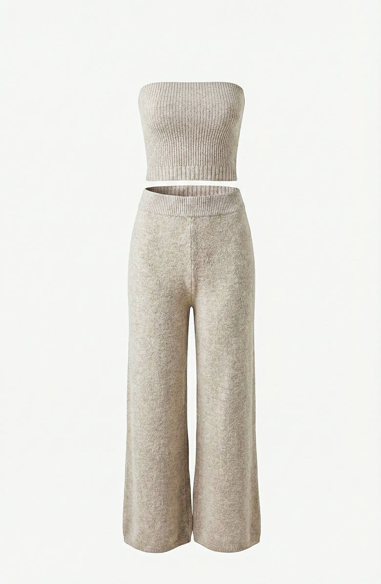Knit & Lounge Three Piece Ribbed Knit Set with Long Cardigan, Cropped Top and Wide Leg Pants, Alternate, color, Beige, Gray, Striped