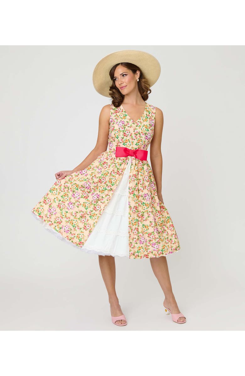 Unique Vintage 1960s Garden Party Swing Dress, Alternate, color, Beige W/ Pink Bow Floral Print