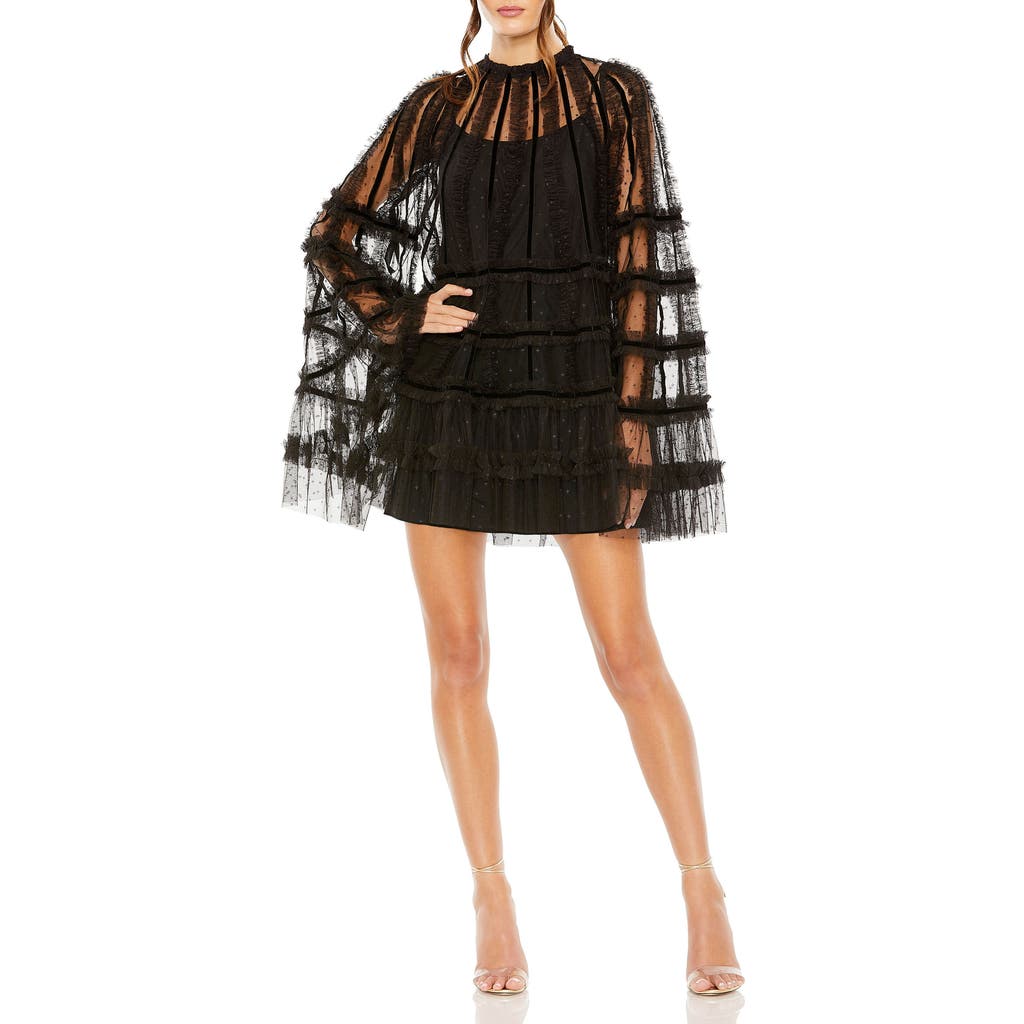 Mac Duggal High Neck Ruggle Bell Sleeve Trapeze Dress In Black