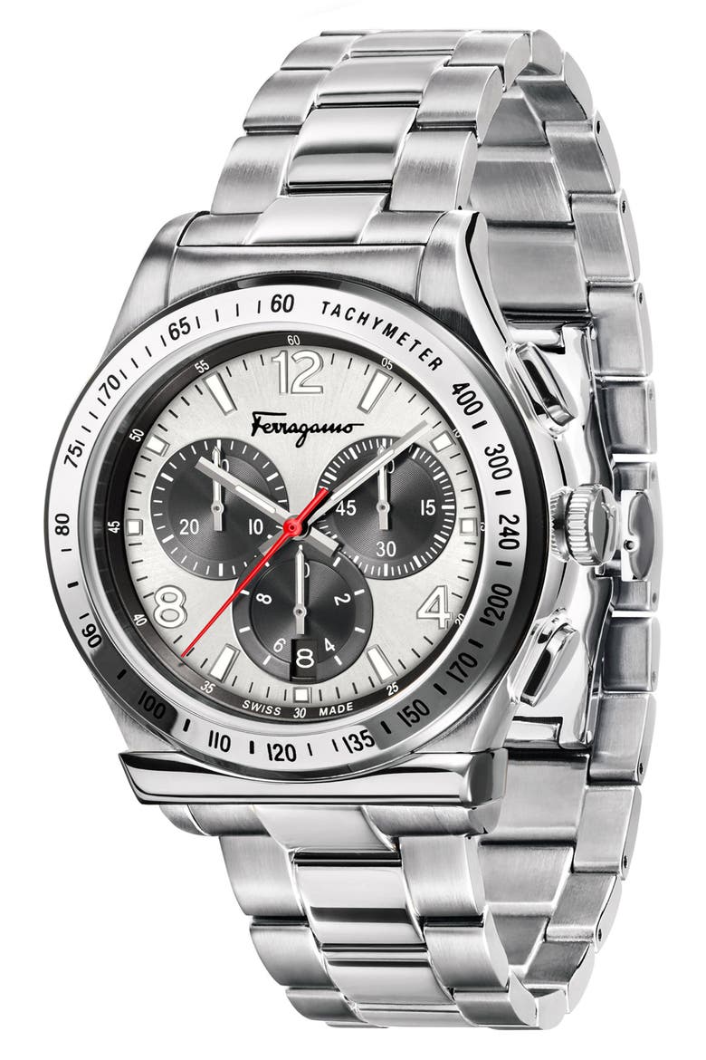 Salvatore Ferragamo 1898 Chronograph Bracelet Watch, 42mm, Alternate, color, GREY/ BLUE/ GREY