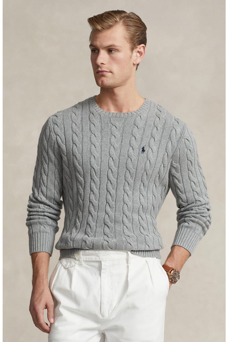 Cable Knit Cotton Crewneck Sweater, Alternate, color, GREY