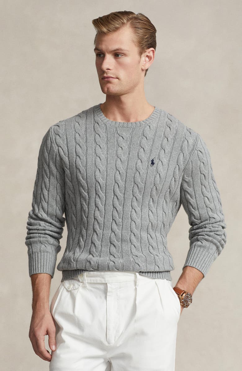 Polo Ralph Lauren Cable Knit Cotton Crewneck Sweater, Alternate, color, Fawn Grey Heather