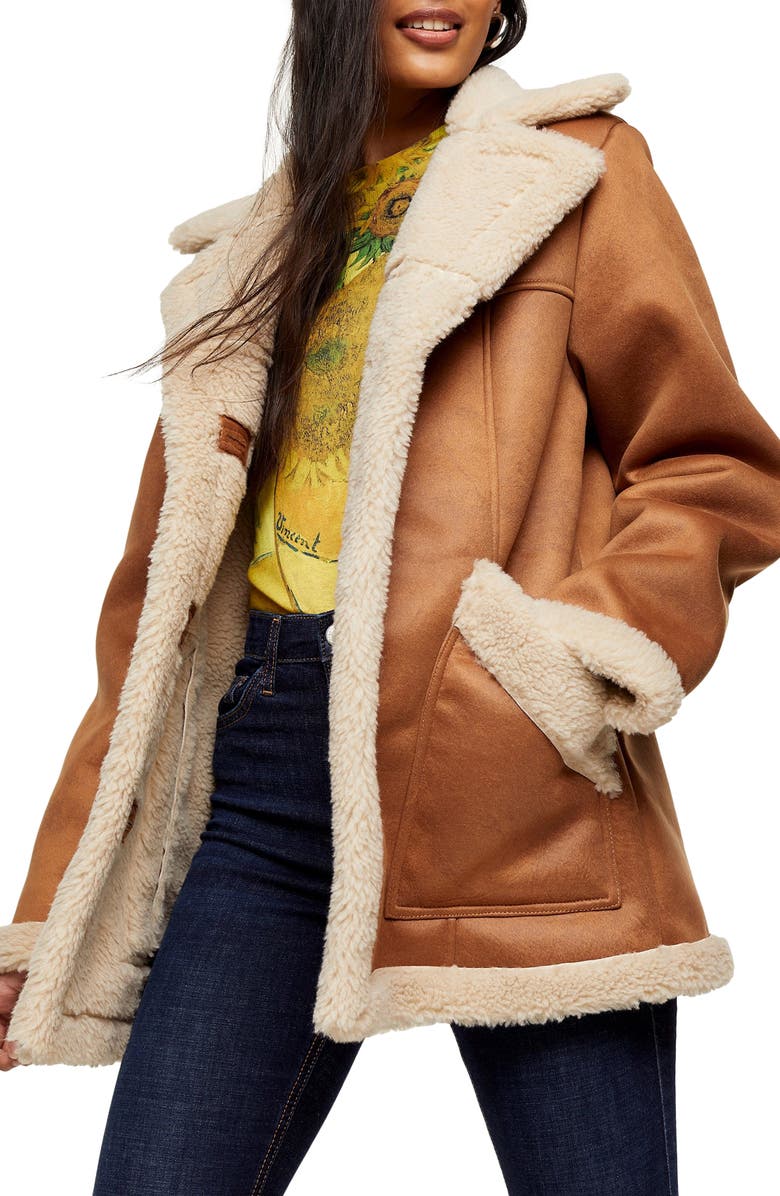 Topshop Steve Faux Shearling Car Coat, Main, color, 