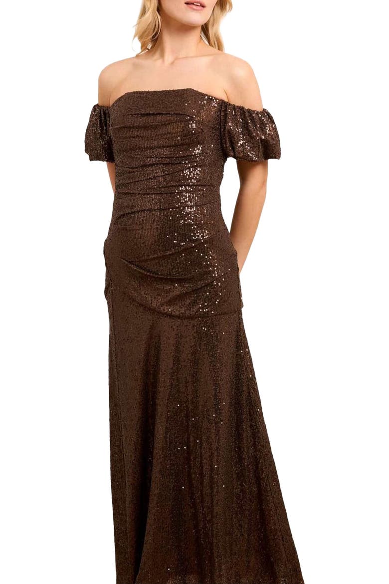 Sunbeam Valentina Off-Shoulder Gown, Main, color, Chocolate