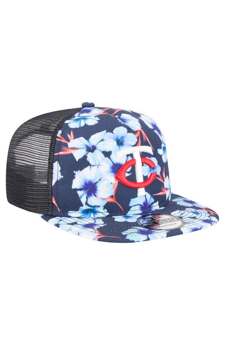 New Era Men's New Era Navy Minnesota Twins Adventure Pattern Golfer Trucker Snapback Hat, Alternate, color,